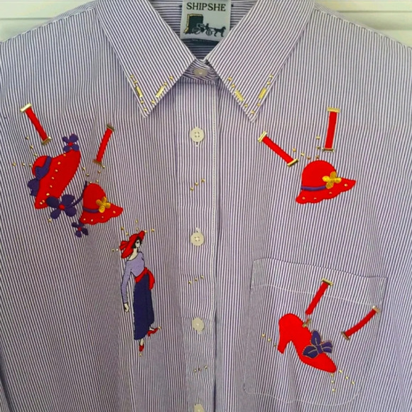 Red Hat Society Purple & White Stripes with Appliques / Bling Button Down Shirt - Picture 3 of 13